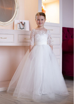 Elbow Sleeves Ivory Lace Tulle Flower Girl Dress